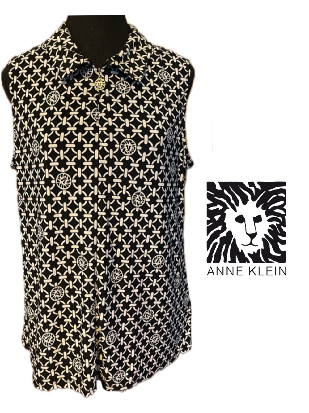 Vintage Y2K Anne Klein Lion Head Logo Geometric Sleeveless Jersey Knit Top B&W L